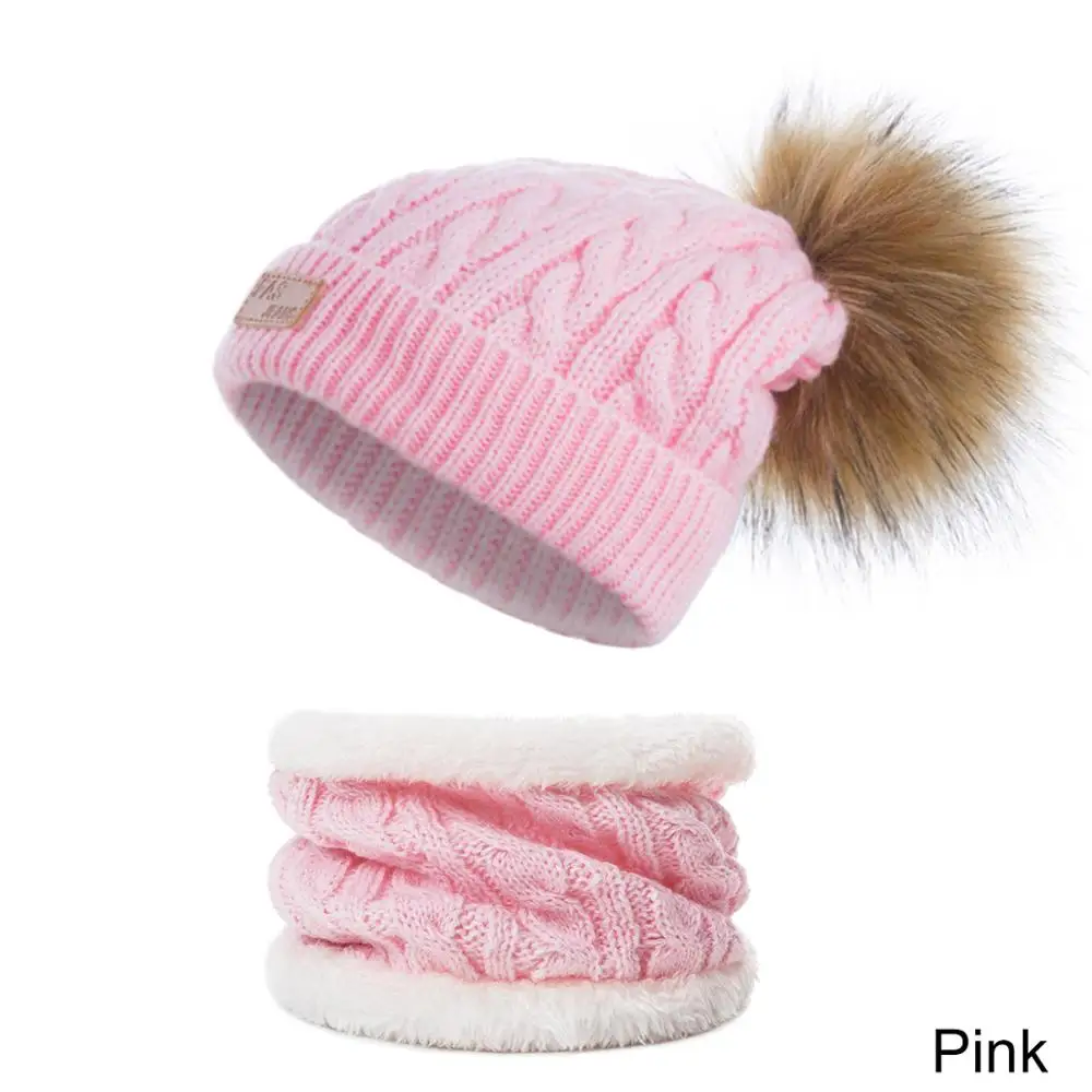 pink Evrfelan/Модная брендовая детская шапка и шарф, комплект из 2 предметов, зимняя шапка, шарф для девочек и мальчиков, помпоны, шапочки, набор шарфов, детские подарочные аксессуары - Цвет: pink