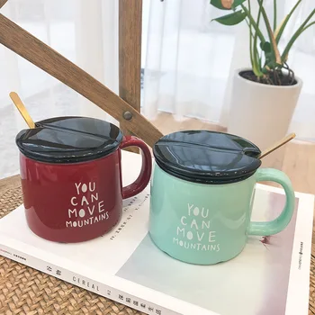 

Reusable Eco-friendly Nordic Ceramic Cup Ceramic Coffee Mug with Lid Breakfast Cups Spoon Included Ins Creative Mugs Cute Tea