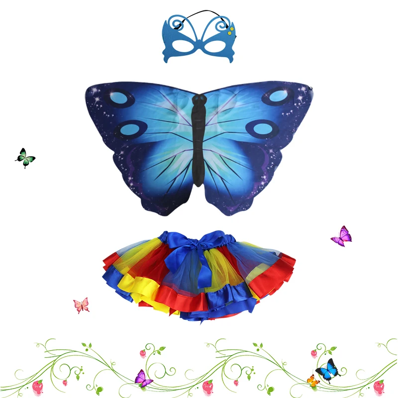 

SPECIAL Butterfly Wing Mask Skirt For Girl Costume Kids Cosplay Children Costumes Fairy Wings Gifts Blue Cosplay Dress