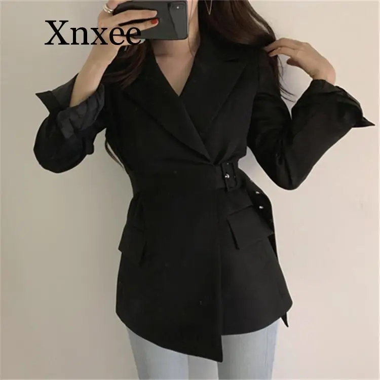 Pink office Autumn Winter Women Jackets Office Ladies Lace Up Formal Outwear Vintage Elegant Solid Pink Black Women Clothes belt
