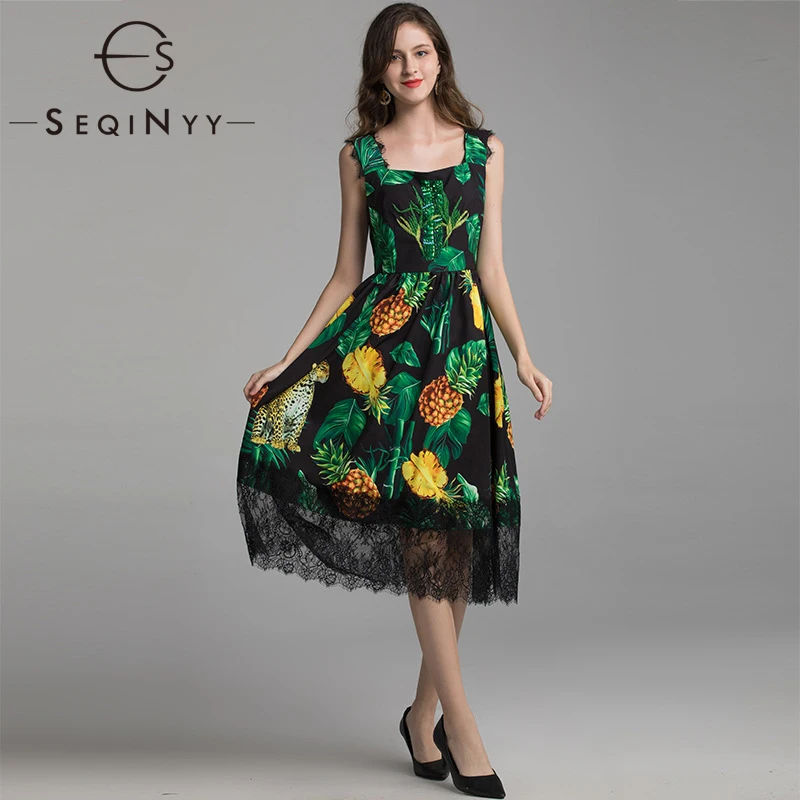

SEQINYY Summer Dress 2020 Spring New Fashion Design Women Sleeveless Green Leaf Pineapple Printed Lace High Quality Knee Dress