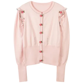 

Runway Ruffles Patchwork Crohect Knitted Cardigan Sweater Women Winter Lades Long Sleeve High Waist Female Short Outwear Jumper