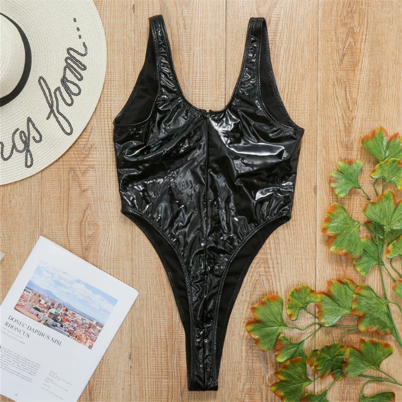 GNIM сдельный купальник Pu кожаное бикини купальник для женщин летний черный купальный костюм женский сексуальный пляжный костюм боди стринги