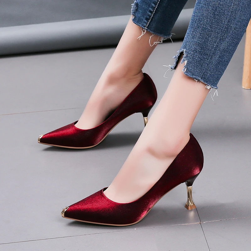 

Shallow Mouth High Heels Pointed Toe Slimming Shoes Branded Pumps Slip Om Sandals Ladies Lace-up Women's All-Match Metalic