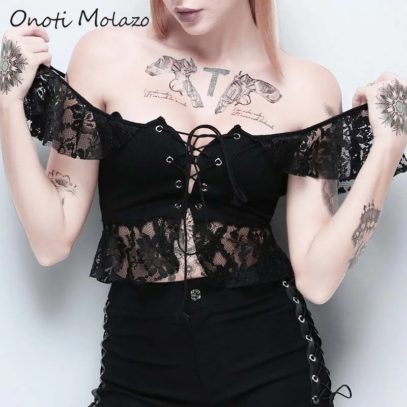 

Onoti Molazo Lace Patchwork Gothic Blouse Tops Women Black Sexy Party Short Top Blouses Elegant Female 2019 Summer Autumn New