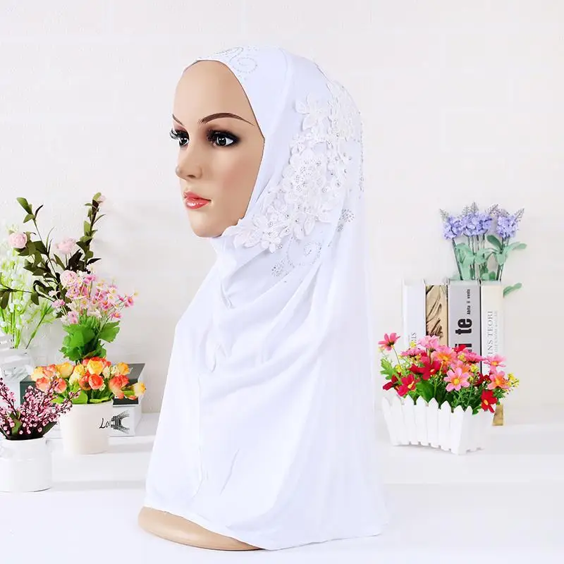 Модный женский мусульманский платок, однотонный хлопковый цветок, бриллиантовый исламский хиджаб шарф, шали и обертывания, готовые к износу хиджабы