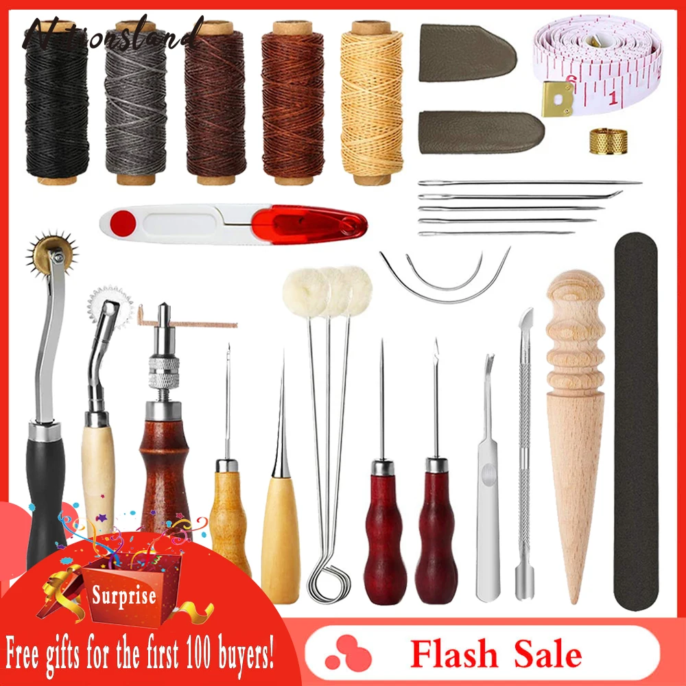 31pcs Leather Sewing Tools With Groover Awl Waxed Thread Thimble Kit For Stitch Leather Crafting