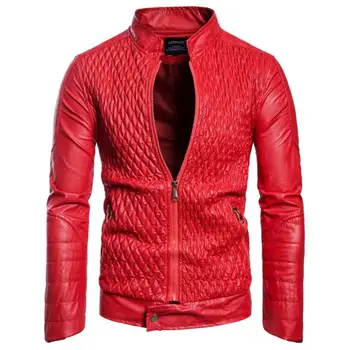 

2019 Men Autumn Fashion Slim Fit Red Bomber Jackets Men Motorcycle Casual Biker PU Faux leather Jacket European Size Plus w93