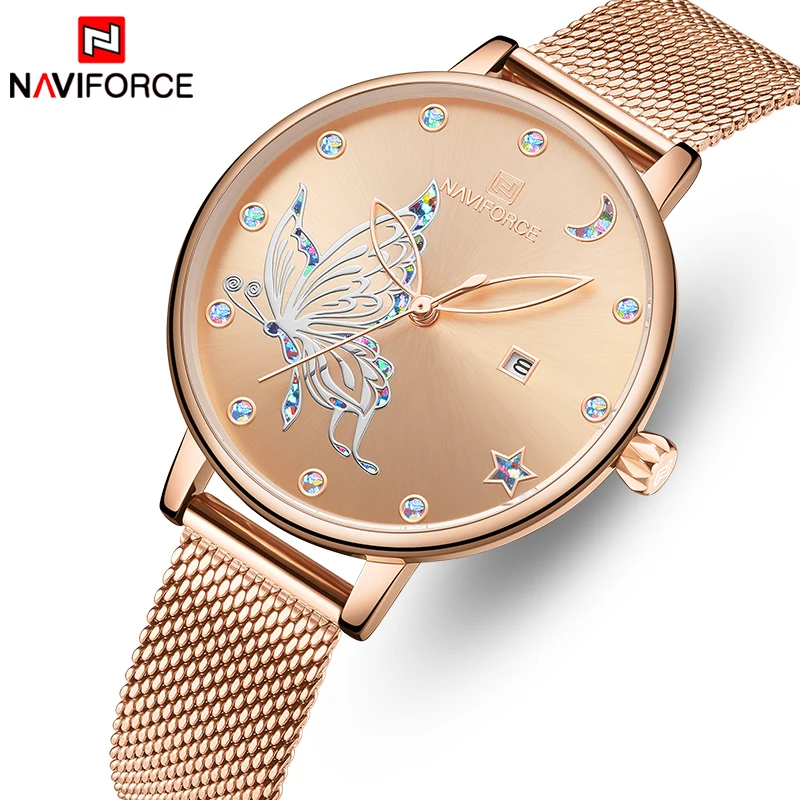 NAVIFORCE роскошные часы с кристаллами для женщин Топ бренд розовое золото сталь сетка женские наручные часы браслет девушка часы Relogio Feminino