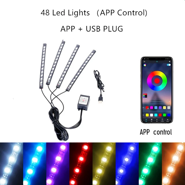 Car Interior Light RGB LED Decorative Light Strip With USB Wireless Remote Music Control Multiple Modes Car Foot Light 48LED USB APP
