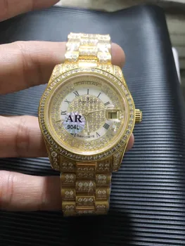 

Classic New Mens Daydate Yellow Gold Full Iced Diamonds Rome Dial Automatic Mechanical 904L Stainless Steel Sapphire Watch