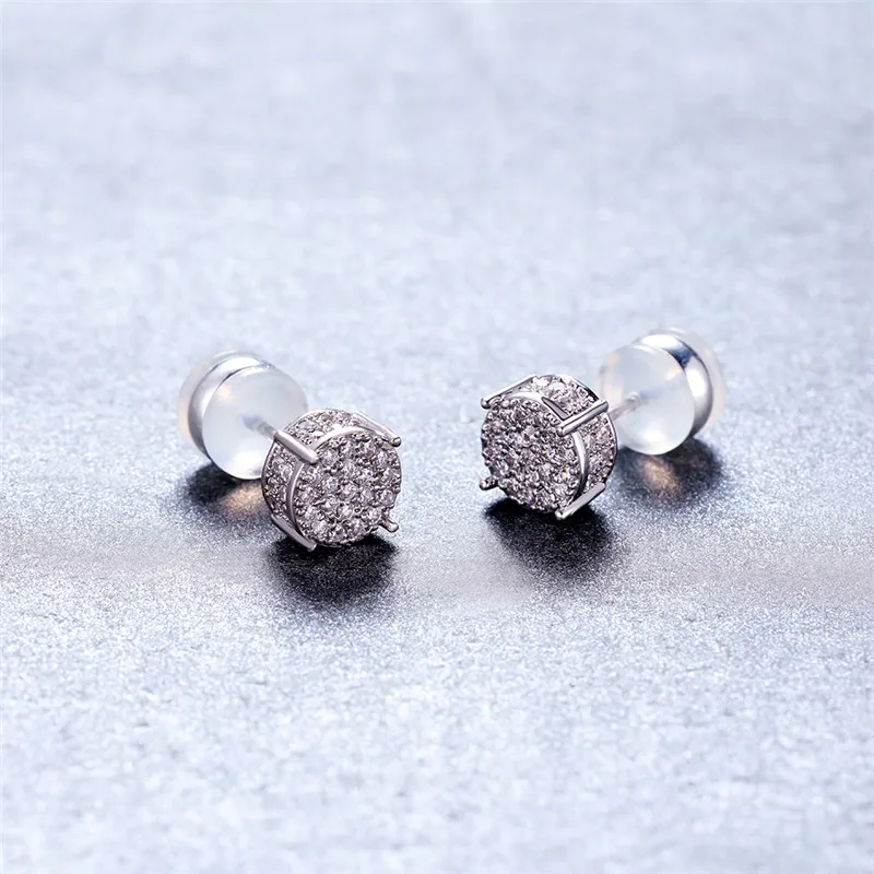 White Round Small Stone Earrings Male Female Hip Hop Crystal Earrings For Women Men Punk Jewelry Silver Color Wedding Earrings