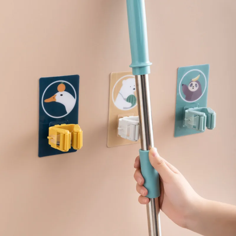 

Wall-Mounted Mop Holder Broom Hooks Household Mop Broom Storage Rack Storage Box Bathroom Cartoon Mop Broom Sticky Hook