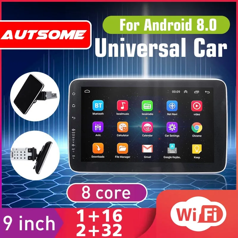 Вращающийся Автомобильный мультимедийный плеер 16/32G 8 Core стерео для Android 8,0/8,1 с 360 градусов вверх вниз Экран устройство для автомобиля с GPS, Wi-Fi и радио плеер