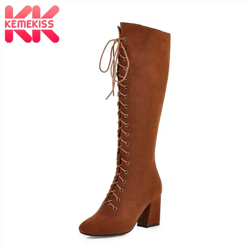 

KemeKiss Plus Size 33-46 Women Knee High Boots Casual Lace Up Zipper Winter Long Boots Keep Warm Fur High Heels Women Shoes