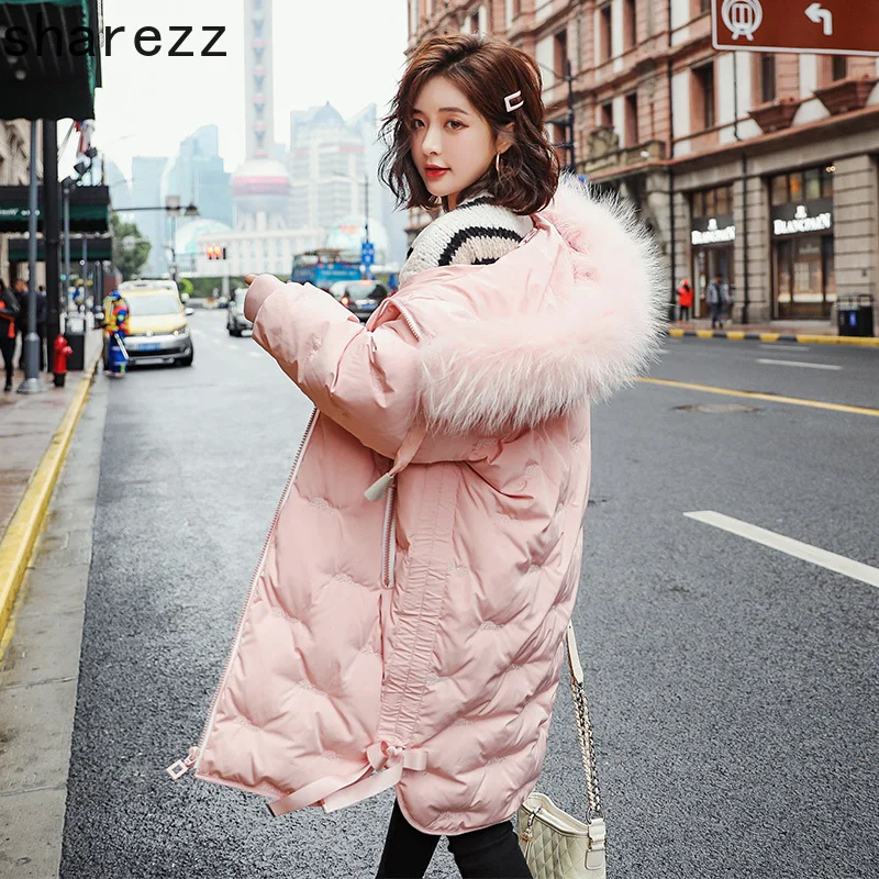 Goedkoop 2019 Nieuwe Winter Vrouwen Grote Bontkraag Oversize Lange Jas Vrouwelijke Dikke Warme Hooded White Duck Down Jacket Parka