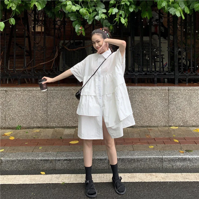 2020 Summer Elegant Sweet Patchwork White Dress New Fashion Short-Sleeve Design High Waist Fresh Casual All-Match Short Dress