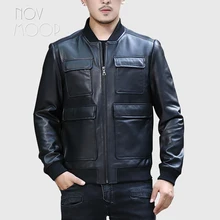 Novmoop английский шикарный стиль Весенняя Мужская Черная Овчина натуральная кожаная куртка с карманом Декор chaqueta cuero hombre LT2977