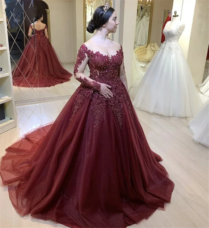 

Ball Gown Long Sleeves Scoop Neck Evening Dress Sexy Appliques Court Train Sukienki Wizytowe Formal Robe De Soiree 2022 Lace-up