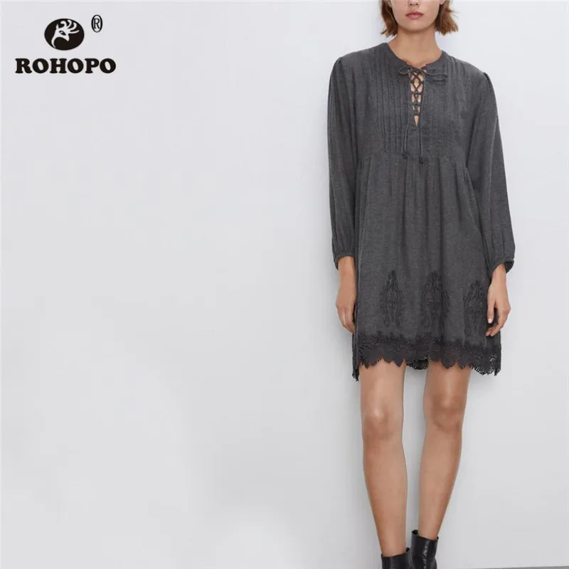 

ROHOPO Long Sleeve Retro Vintage Lace Hem Mini Dress Round Collar Front Bandage Embroidery Ladies Holidays Solid Robe #9812