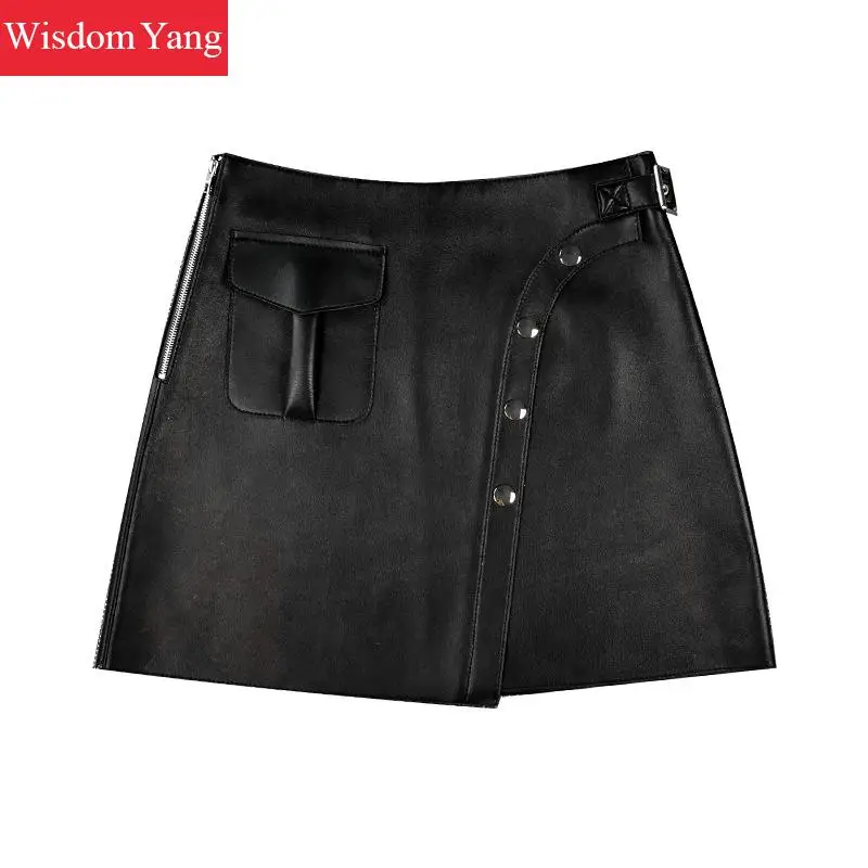 Herfst Zwarte Rokken Vrouwen Schapenvacht Lederen Korte Rok Hoge Waisted Mini Aline Kaki Sexy Party Office Koreaanse Kleding
