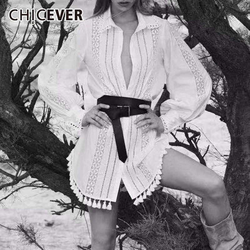 CHICEVER/Женские топы и блузки с кисточками в стиле пэчворк, с рукавами-фонариками, с поясом, с вырезами, женская рубашка, модная новая осенняя одежда