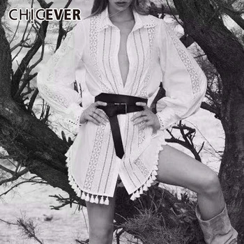 

CHICEVER Tassel Patchwork Hem Womens Tops And Blouses Lantern Sleeve Sashes Hollow Out Female Shirt Fashion New Clothes Autumn