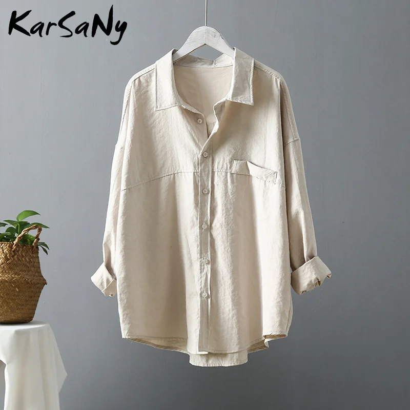 KarSaNy/белая блузка с длинным рукавом; Женская рабочая одежда; свободная белая рубашка с воротником; женская элегантная повседневная Свободная рубашка; Blusas; сезон осень - Цвет: Apricot