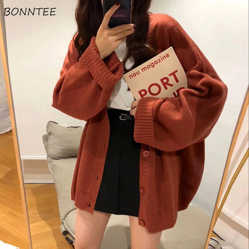 Cardigan Women Full Sleeve V-neck Solid Button Oversize Retro Lazy Students Korean Style Fashion All-match Simple Sweater Female |