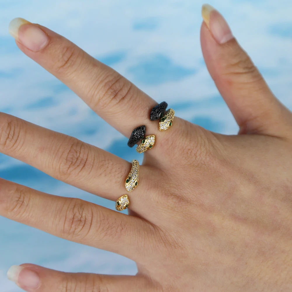 Fashion open adjusted women finger ring green clear cz paved classic snake shape wrap finger ring jewelry