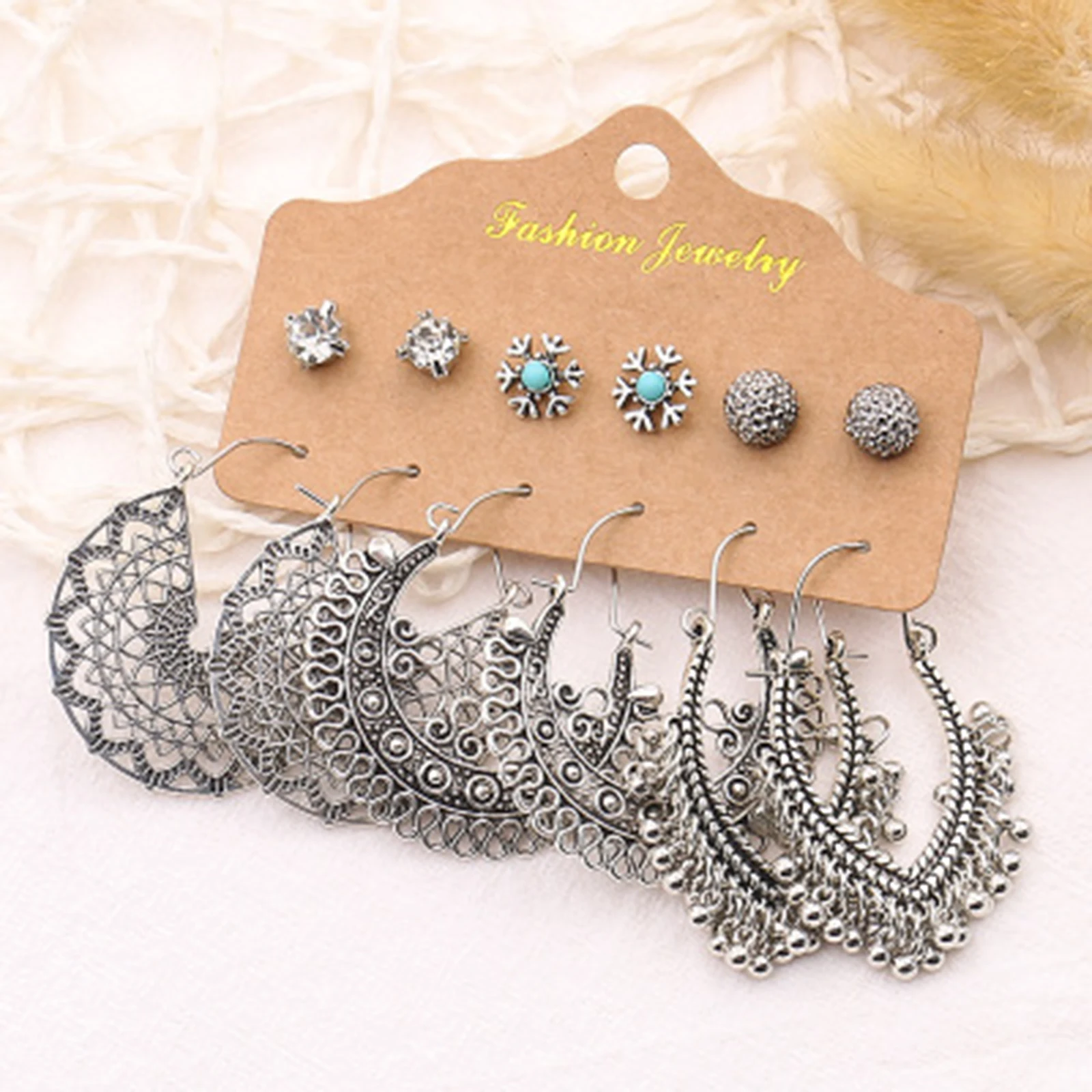 1 Set ( 6 Pairs/Set) Vintage Acrylic Bohemia Drop Earrings For Women Antique Silver Color Dream Catcher Feather Daily Jewelry