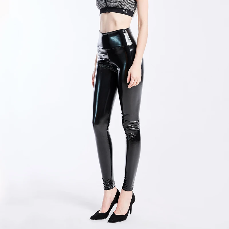 Женские черные леггинсы размера плюс XXXL, сексуальные эластичные обтягивающие штаны с высокой талией из искусственной кожи, блестящие латексные леггинсы с эффектом мокрой кожи