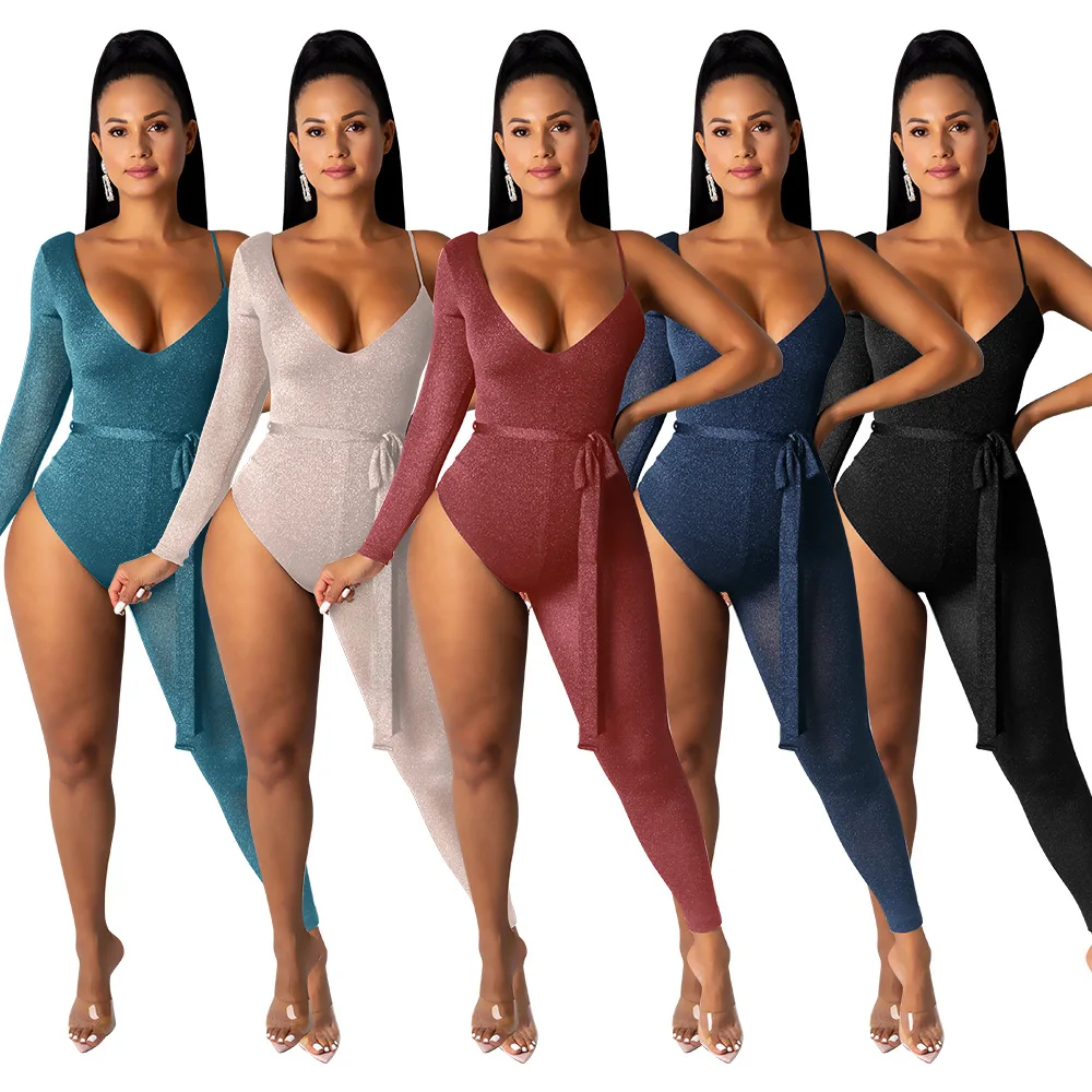

Sexy One Shoulder Bodysuit Evening Party Rompers Womens Long Sleeve Jumpsuit Elegant V Neck Autumn Warm Gothic Jumpsuit 2019