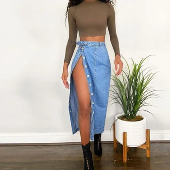 

Denim Split Midi Skirts Women Sexy Single-Breasted High Waist Chic Casual Mid-Calf Wrap Skirts Streetwear 2020 Summer D30