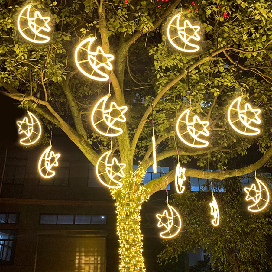 thumbnail image 4 of Guirnalda de luces navideñas con forma de estrella y luna de neón para exteriores, jardín, patio, parque, plaza, árbol, lámpara colgante para bodas, fiestas, paisajes, 4 of 5
