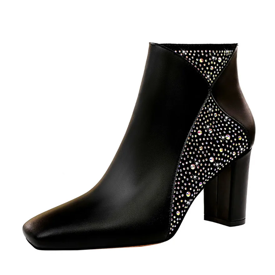 Fashion Crystal Soft Leather Women's Boots 2021 Square Toe Woman Sexy Party Ankle Thick High Heels Ladies Work Black | Обувь