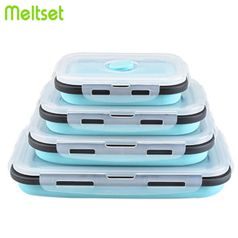Silicone Lunch Box Collapsible Microwavable Bento Box Portable Rectangle BPA Free Food Storage Container Dinnerware