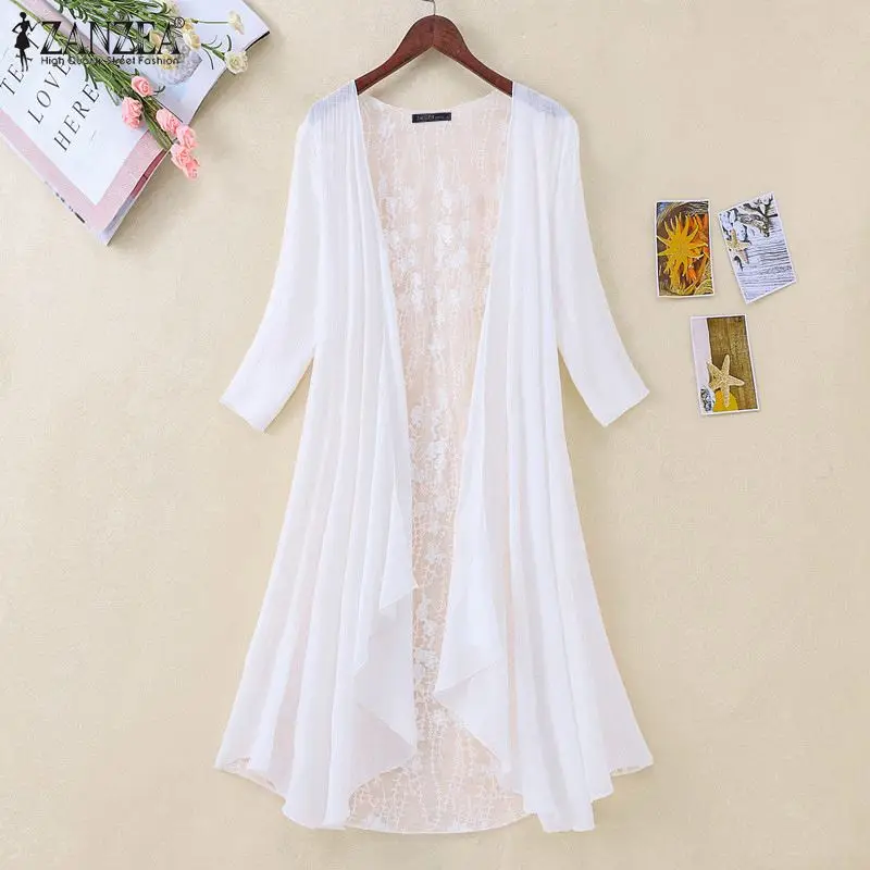 Summer Elegant Long Shirt Lace Crochet Cardigan ZANZEA Women Open Front 3/4 Sleeve Hollow Kimono Casual Blouse Femme Tunic Tops