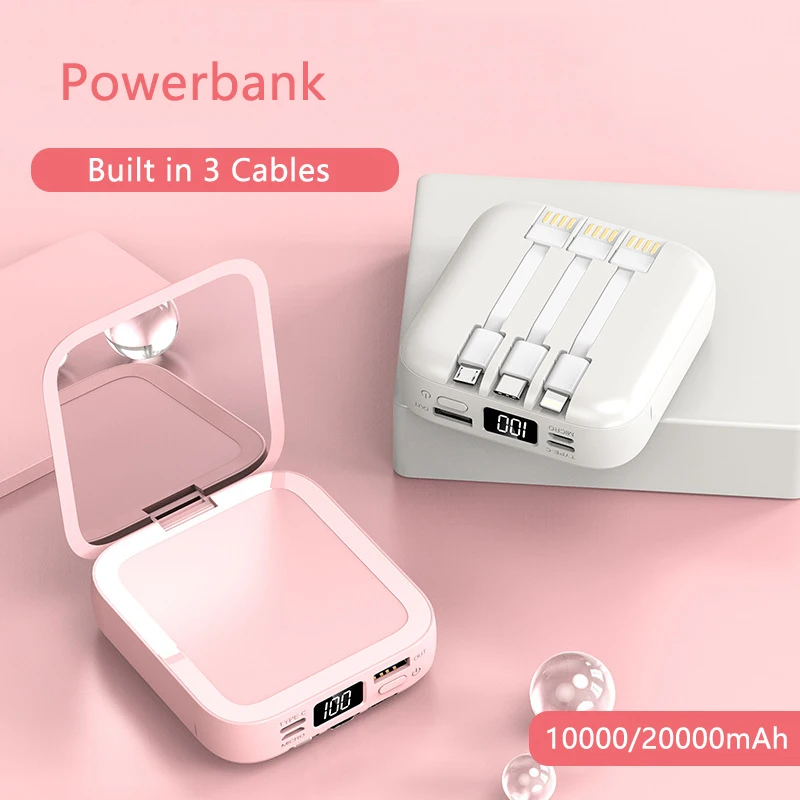 

20000mAh Mini Power Bank Built in Cable Makeup Mirror Digital Display Poverbank Portable Charger External Battery Pack Powerbank