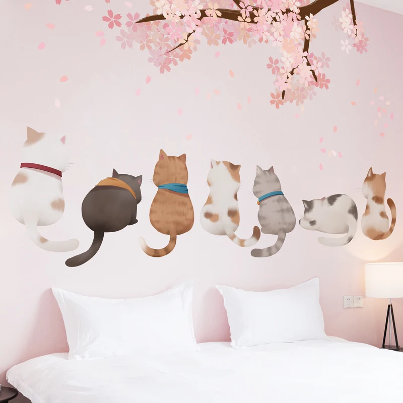 [SHIJUEHEZI] Мультяшные кошки наклейки с животными на стену DIY вишневые Цветы Наклейки на стены для дома дети спальня детская комната украшение