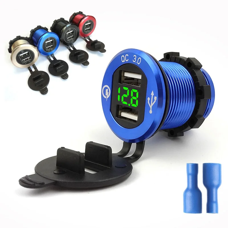 

ROMAN QC 3.0 Aluminum Motorcycle Boat Car 2 USB Charger LED Voltmeter For Phone Tablet Z11 Drop ship