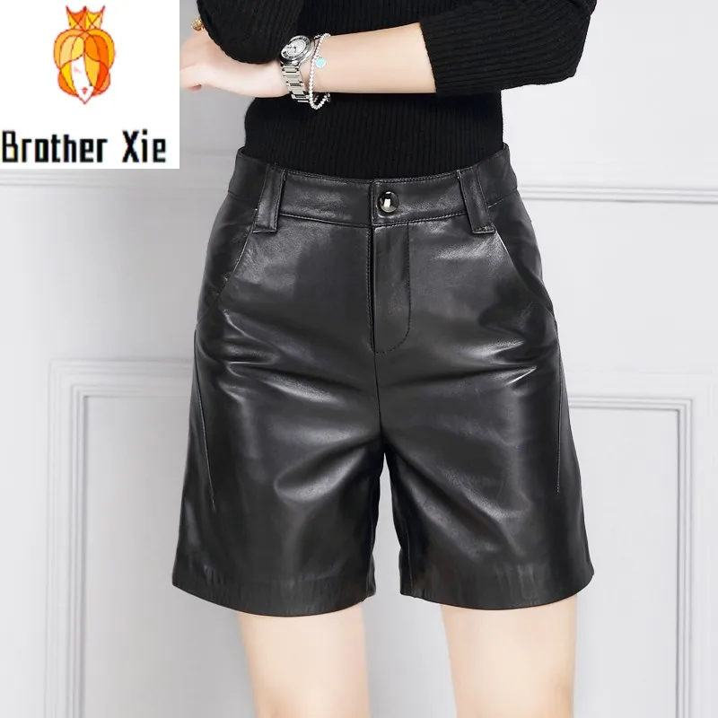 

Autumn New Fashion Women Shorts Genuine Leather High Waist Casual High Street Office Lady Straight Sheepskin Black Trouser Woman