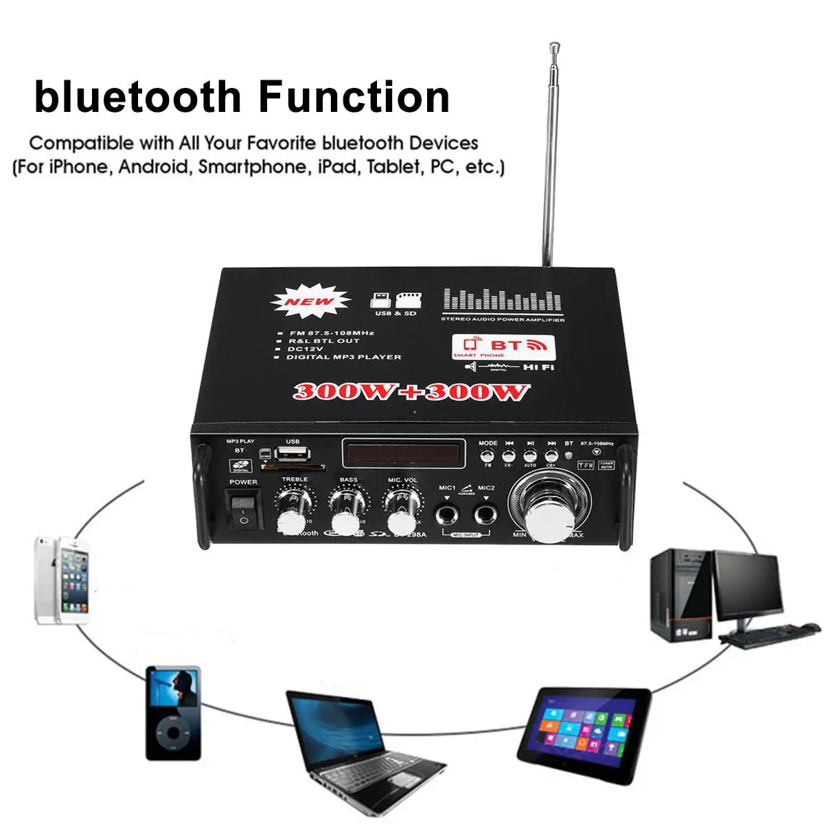 600 Вт домашний автомобильный усилитель 110 В HIFI USB FM радио аудио усилители Bluetooth плеер сабвуфер стерео динамик с пультом дистанционного управления