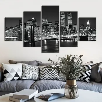

5 Panel Black And White Brooklyn Bridge Night Landscape Canvas Painting Wall Art For Living Room Home Decor Prints Poster