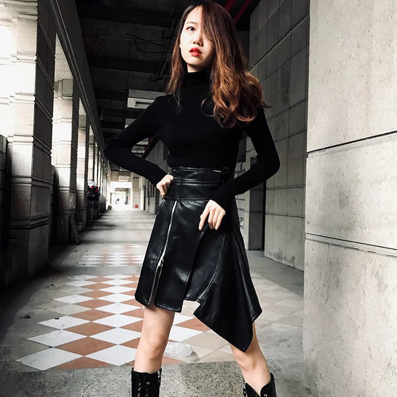 Нерегулярные из искусственной кожи черные юбки женские с высокой талией Асимметричные Для женщин юбка корейской моды прилив 2019 осень L284