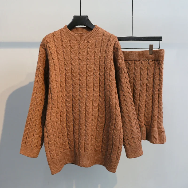 dark brown Neploe, вязанный твист, комплект из двух предметов, жемчуг, длинный рукав, o-образный вырез, Толстый Пуловер, свитер+ мини-юбка с оборками, женские костюмы 56286 - Цвет: dark brown