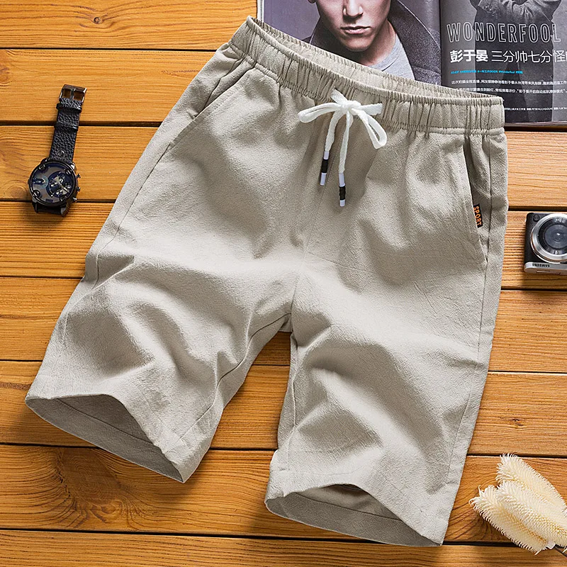 Мужские летние повседневные шорты из хлопка и льна однотонные мужские пляжные с - Фото №1