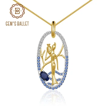 

GEM'S BALLET 925 Sterling SIiver Golden Oval Pendant Necklace Natural Blue Sapphire Gemstone Ethnic Women Fetch Water Jewelry