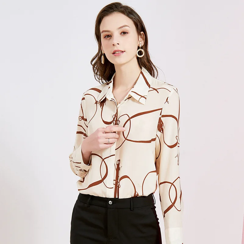

100%real silk boulses for women high quality 2020 summer white coffee floral office shirts long sleeve casual sexy plus size