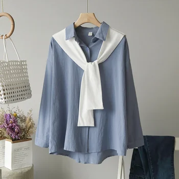 

Simplicity Autumn Women's Shirts Solid Shawl Lady Top Long Sleeve Turn-Down Collar Casual Clothes Cotton Cute Female Shirt